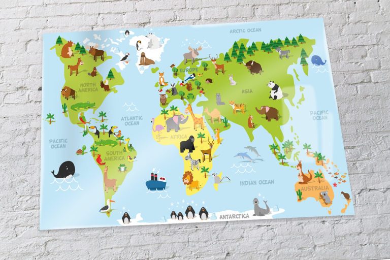 World map poster with animals